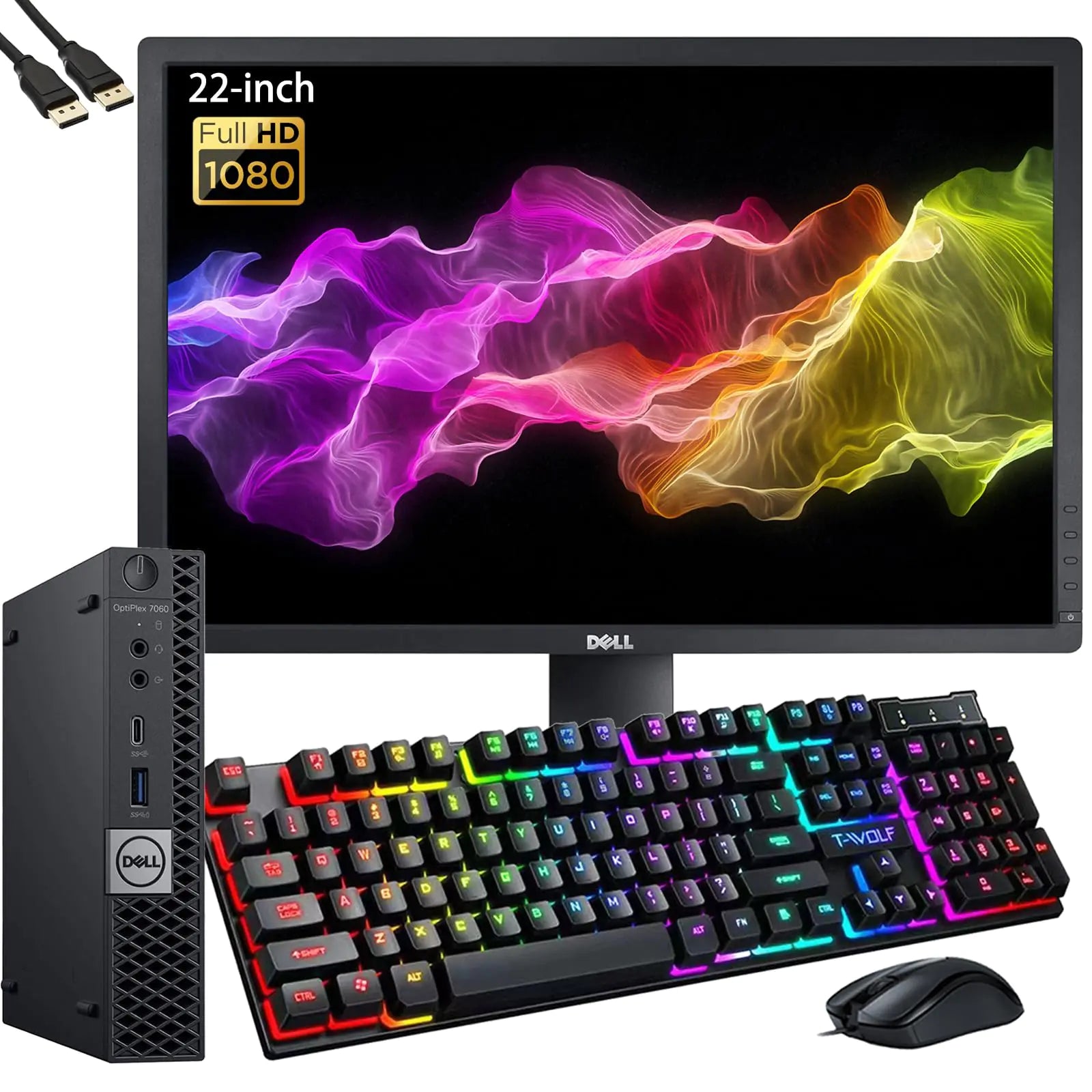 Dell Optiplex 7060 Mini Desktop Computer Bundle Micro PC with 22" FHD Monitor Intel Core i5-8500T 16GB RAM DDR4 256GB SSD DP Cable WiFi Bluetooth RGB Keyboard & Mouse Windows 10 Pro (Renewed)